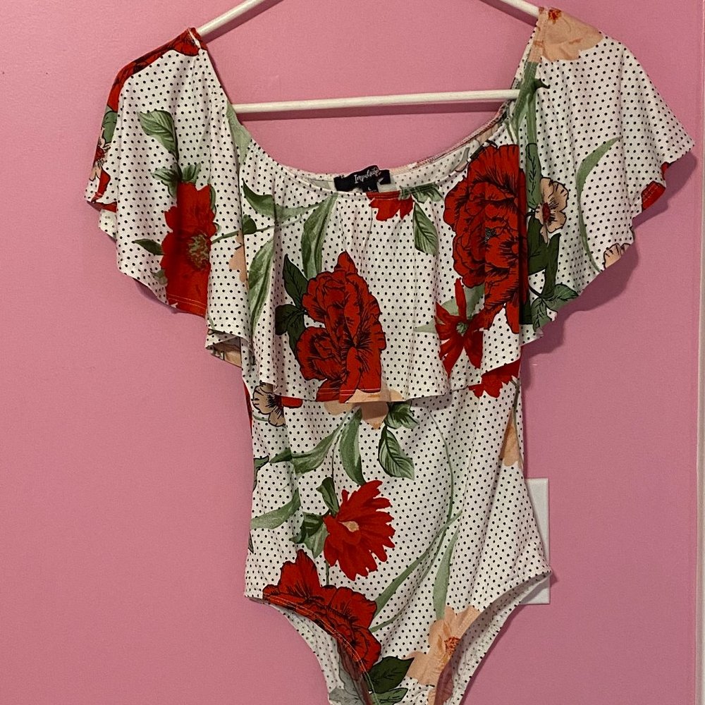 White Bodysuit with Flowers and Black Dots